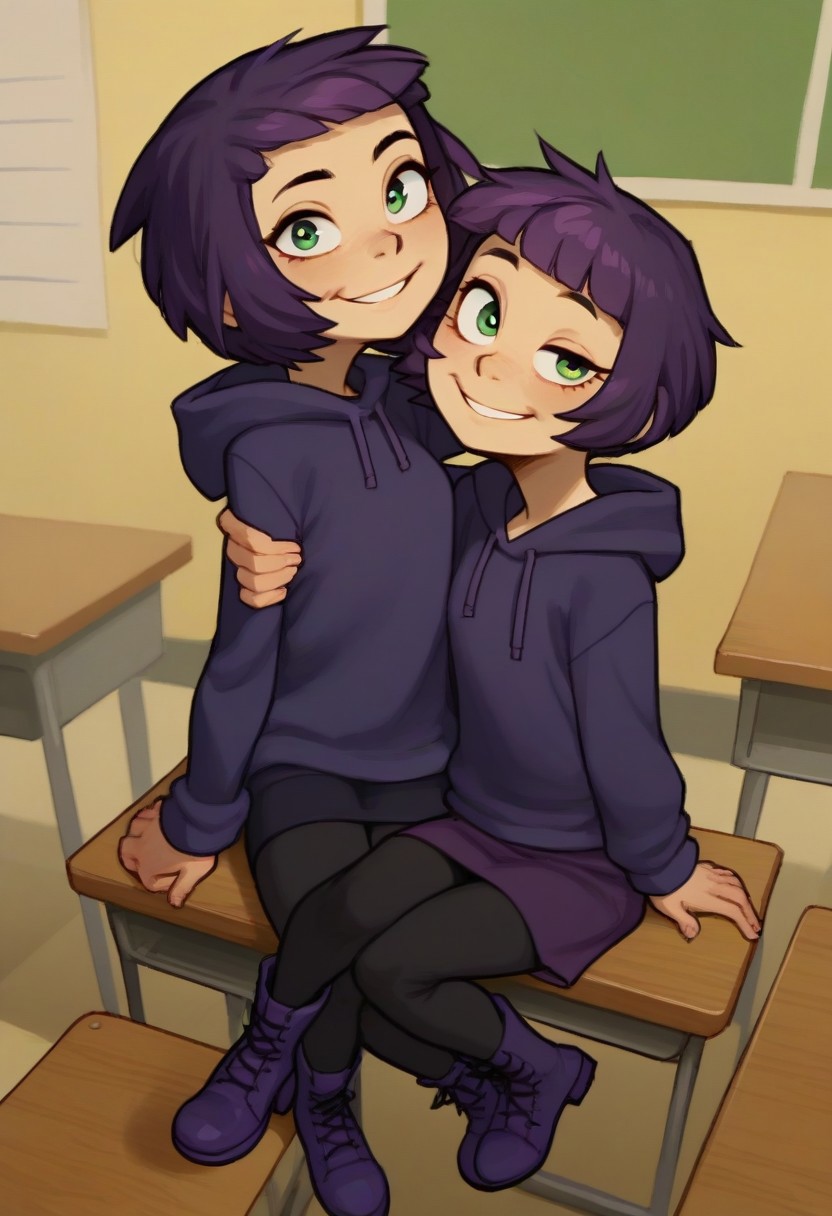score_9, score_8_up, score_7_up, score_6_up, score_5_up, score_4_up, 2 girls in image, sitting on desks, smiling, looking at viewer, arms around each other, friends, 
BREAK, 
1 girl, square head, green eyes, squinch, round eyes, long hair, dark blue hair, dark blue dress sweater, black leggings, small black boots, 
BREAK
1 girl, short hair, purple hair, long eyelashes, purple hoodie, purple skirt, purple shoes, , hood up