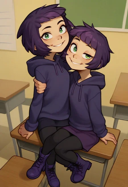 score_9, score_8_up, score_7_up, score_6_up, score_5_up, score_4_up, 2 girls in image, sitting on desks, smiling, looking at viewer, arms around each other, friends, 
BREAK, 
1 girl, square head, green eyes, squinch, round eyes, long hair, dark blue hair, dark blue dress sweater, black leggings, small black boots, 
BREAK
1 girl, short hair, purple hair, long eyelashes, purple hoodie, purple skirt, purple shoes, , hood up