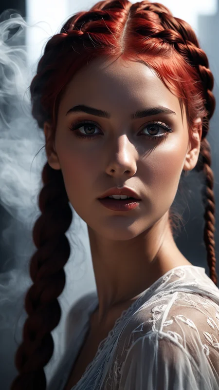illustration, red hue in hair, black eyes, absurdres, hidden, brushed eyebrows, concept art, busty, moody, dim lit, shadows, sharp focus, back light, dynamic, smooth, high detail, best quality, ghostly veil of smoke and fog, artstation, dark black colors, intricate, devoid of color, masterpiece, looking at the camera, 8k, good shadows, twist braids hair style, dark blonde hairs, a relaxed facial expression with a slightly open mouth, looking away, from the front, photorealistic, hyperrealistic art, extremely high-resolution details, photographic, realism pushed to extreme, fine texture, incredibly lifelike, close up on face <lora:Midjourney_People:1>