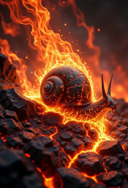 aidmaMJ6.1, aidmaimageupgrader, A surrealistic fantasy depiction of a fire-infused snail with a volcanic shell. The shell resembles a craggy volcano, glowing with molten lava veins and spewing tiny embers into the air. The snail's body is molten and metallic, shimmering with fiery hues of orange, red, and gold. Its antennae flicker like small flames, casting dancing shadows. The creature glides over a scorched, smoldering terrain, leaving a glowing trail of fire and ash. The background features a mystical, smoke-filled sky streaked with vibrant reds and oranges, emphasizing the heat and intensity of the scene.