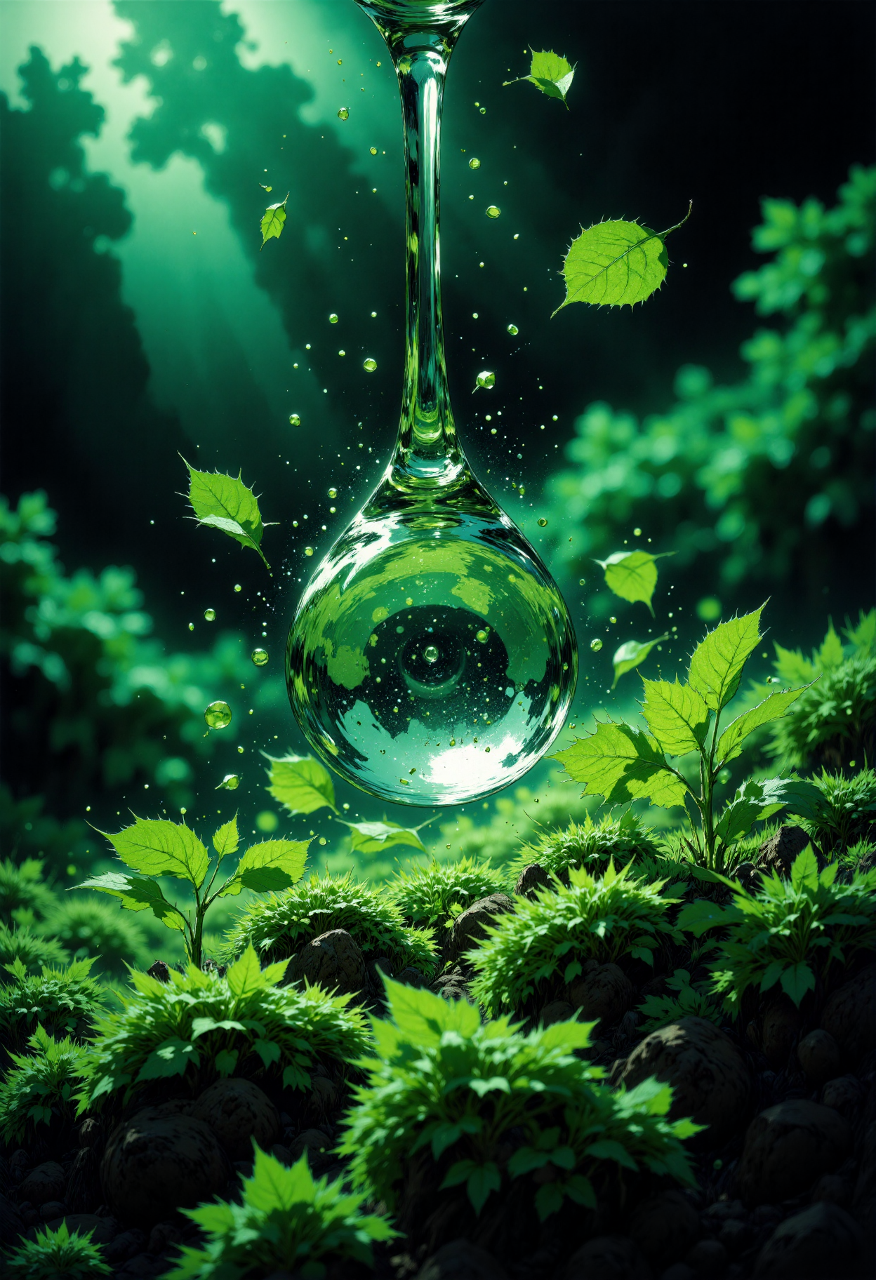MysticComic, A delicate, crystal clear droplet of water, suspended in mid-air, refracting the vibrant green hues of the surrounding environment. The droplet, teardrop-shaped, glistens like a precious gem, its surface etched with microscopic ripples. As it hangs, tiny droplets of water burst forth, like tiny diamonds, in a mesmerizing display of kinetic beauty.  The droplet rests upon a bed of lush, emerald green moss, its tiny leaves quivering in the faint, otherworldly light that permeates the scene. The air around it is alive with microscopic particles, suspended in a verdant haze, as if the very essence of the environment has been distilled into this singular moment.  The camera's perspective is one of intimacy, as if the viewer is privy to a secret world, hidden from the prying eyes of the mundane. The lighting, a deep, electric green, casts an ethereal glow, imbuing the scene with an aura of mystique. The style, a blend of surrealism and hyperrealism, invites the viewer to step into this fantastical realm, to lose themselves in the beauty and wonder of this tiny, shimmering world.<lora:CustomFlux/MysticComic-v2.safetensors:1.0:1.0>