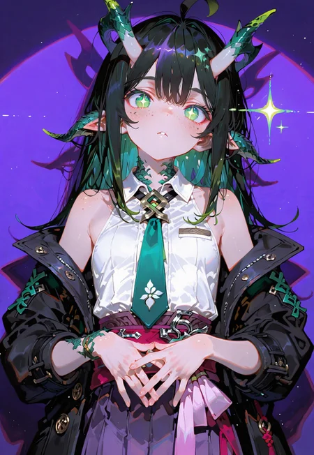looking at viewer,bust shot

Pleading eyes,hands together

1 girl,petite,loose unruly messy hair,messy bangs,black hair,green accents hair,fair skin,dragon horns,green eyes, sparkling eyes,freckles,ahoge, unique ear

Large Black coat with green accent,coat hanging sleeves,white sleeveless buttoned shirt tucked in,green tie, exposed shoulder,dark purple skirt

Color background, bright purple background,(shadow:1.1), light from front,glimmer, [scales design], sparkling,(analgylph effect:1.5),(spotlight:1.1)

Cunnystyle,748cmstyle,Smooth_Quality,masterpiece,best quality,amazing quality, aesthetic,(vibrant colors:1.7),(bold lines:1.3),(saturated:1.6)