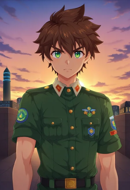 masterpiece, best quality, intricate details, anime screencap, , official style, , , 1boy, solo, male focus, <lora:keitaro_nagame_ilxl:0.98>, keitaro_nagame, brown hair, green eyes, short hair, , uniform, cloud fortress, mist walls, wind towers, sky courts, patrol pose, serious expression, dawn,