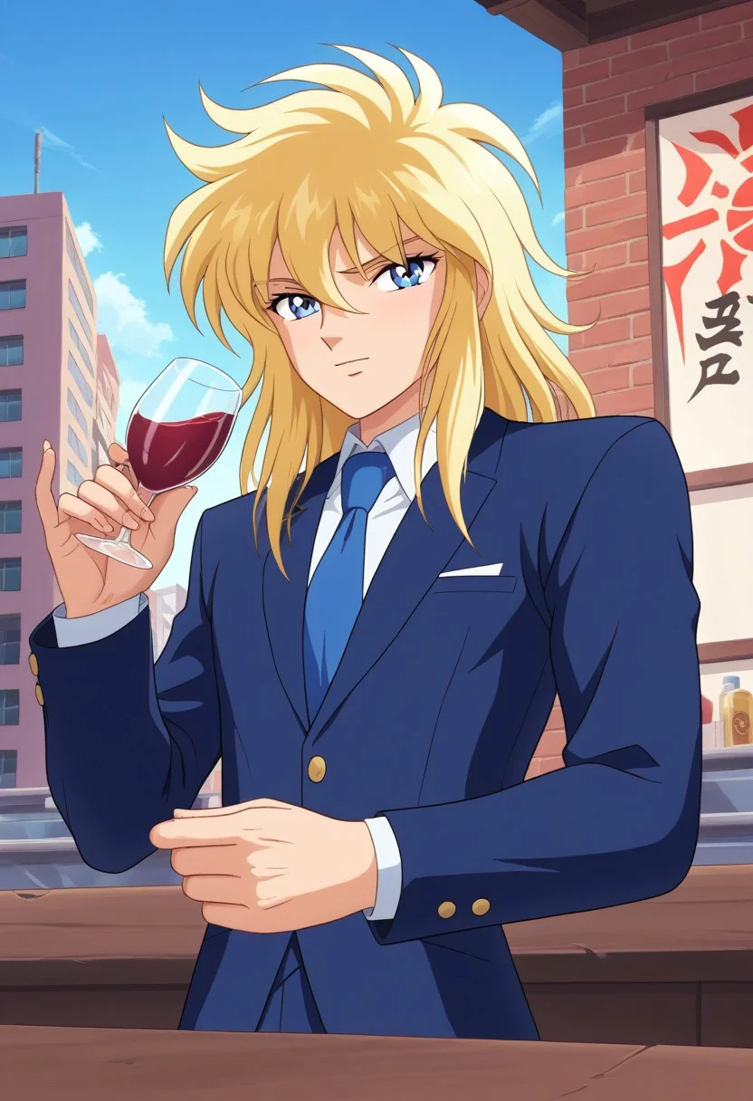 score_9, score_8_up, score_7_up, score_6_up, Cygnus_Hyoga, 1boy, blonde hair, long hair, blue eyes, bangs, light skin, looking at viewer, at an upscale rooftop bar, wearing a tailored blazer, city lights twinkling below, holding a glass of wine, sophisticated and urban atmosphere, outdoors, sunset sky, hyper realistic, high quality, hd render,
retro artstyle, 1990s_(style), 1980s_(style)