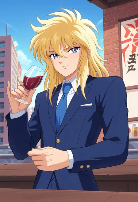 score_9, score_8_up, score_7_up, score_6_up, Cygnus_Hyoga, 1boy, blonde hair, long hair, blue eyes, bangs, light skin, looking at viewer, at an upscale rooftop bar, wearing a tailored blazer, city lights twinkling below, holding a glass of wine, sophisticated and urban atmosphere, outdoors, sunset sky, hyper realistic, high quality, hd render,
retro artstyle, 1990s_(style), 1980s_(style)