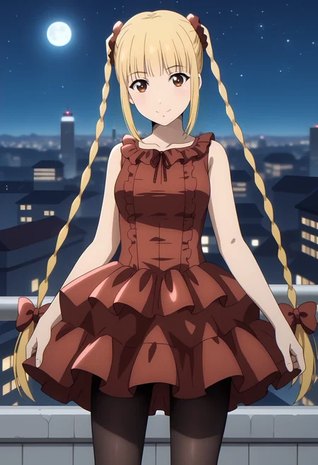 anime screencap,
<lora:DarwinsGame_KarinoShukaXL:0.9>,
1girl, solo, closed mouth, smile,
long hair, blonde hair, twin braids, multicolored eyes, white pupils, blunt bangs, hair scrunchie, red scrunchie,
ShukaRedDress, sleeveless dress, red dress, frilled dress, black pantyhose,
holding skirt,
cowboy shot, standing, looking at viewer,
night, dark, starry sky, moon, rooftop, cityscape, blurry background