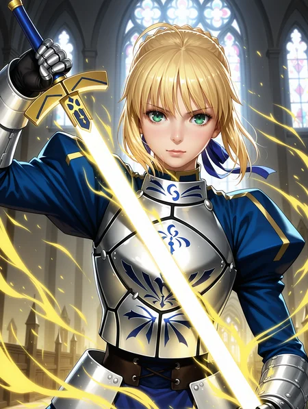 realistic,japanese girl,
1girl, saber, fate_(series),  blonde_hair, green_eyes, armor, holding weapon, sword, yellow aura, church, holding glowing sword,
