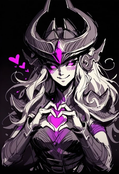 score_9, score_8_up, score_7_up, <lora:Navi_WrathStrokes_PonyXL_S1:1.1> , purple sketch, Syndra, black background, black and purple theme, monochrome,
solo, heart hand duo, glowing purple eyes, shy smile, normal_breasts, half-closed_eyes, dark_sphere