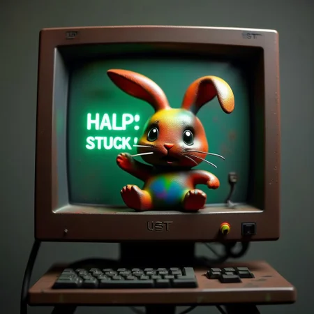 small cute rainbow colored bunny, on a monitor made out of Jed-Rst, Rusty, cable mess, mntnnc_md_plz_stand_by, text on monitor: "HALP! STUCK IN OLD COMPUTER", smoke in the air