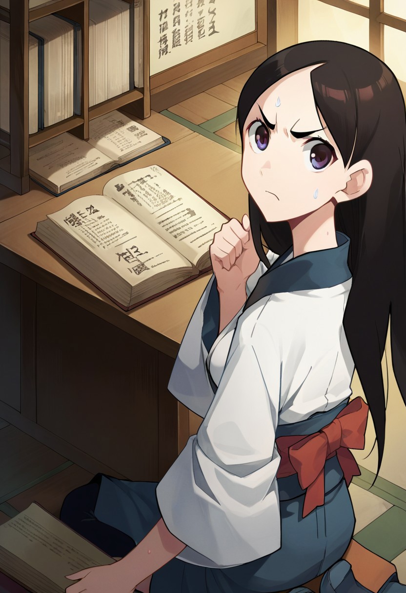 score_9, score_8, score_7, source_anime, kitsu chiri, medium breasts, boots, japanese clothes, looking back, ribbon, sweatdrop, looking up, angry, staring, book