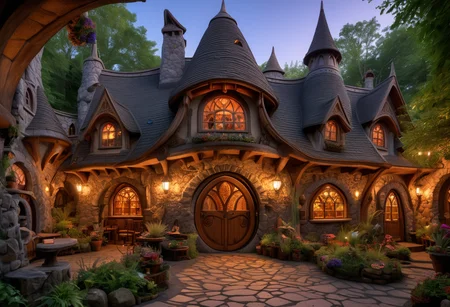award winning, (professional photo) of (cozy fantasy cavern home) with mystical carvings, turreted roof with spires, Stone walls, circular windows with enchanted glass, ornate metal door with elven designs, magical runes wooden beams, enchanted garden enchanted armor, located in a bustling village, with lively markets, children playing, and the sound of community, during a magical dawn, , creative, beautiful, vibrant, masterpiece, 64k, UHD, HDR, full view, atmospheric lighting, extremely detailed