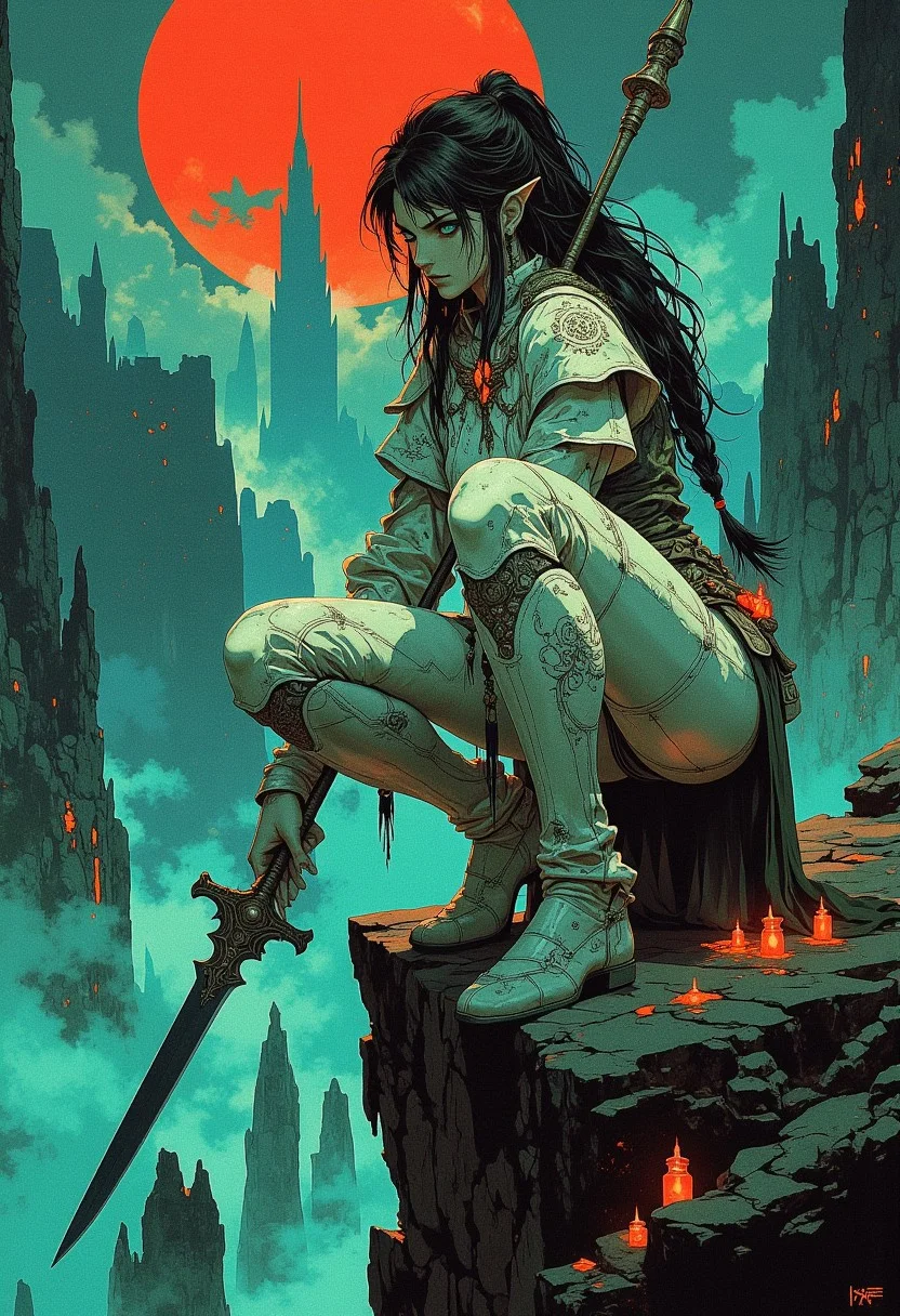 A deadly and agile huntress crouches low in a poised, predatory stance on the jagged edge of a crumbling cliff, overlooking a shadowy abyss filled with swirling mist. Her lean frame leans forward, one hand gripping the hilt of a sleek, black-bladed dagger glowing faintly with runic etchings, while her other arm steadies a long, intricately carved spear resting against her shoulder. Her raven-black hair is tied in a loose braid that flows down her back, interwoven with small, glinting metal beads. Her piercing, emerald-green eyes are locked on a distant foe, her expression a mixture of calm intensity and cold calculation.
Her outfit is a blend of white leather and scale-like armor plates that shimmer with an cyan hue, blending seamlessly into the dark fantasy environment. Adorning her chest are bone-like adornments carved with ancient symbols, while faintly glowing orange vials hang from her belt, pulsing like a heartbeat.
The backdrop reveals a perilous world of towering stone spires, jagged cliffs, and an eerie, blood-red moon casting long, menacing shadows. Below, the mist churns with faint glimpses of monstrous shapes lurking within. In the distance, the faint sound of wailing echoes through the wind, adding to the dread-filled atmosphere. She crouches with predatory grace, her spear ready to strike as though she is the shadow itself, poised to deliver swift, silent death.