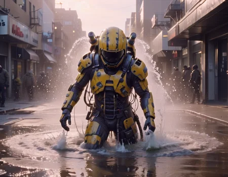 A funny still from a new film featuring mhelmet artstyle artstyle's character getting drenched in a sprinkler, (soaked aftermath:1.25) <lora:2024-04-01 - mjhelmet - 64dim - LoRA.safetensors:1>