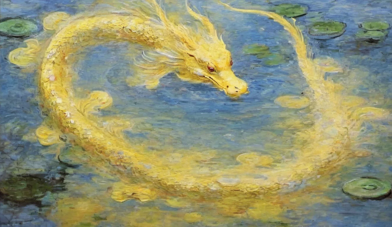 impressionism of (Koi fish surrounding a dragon with ( friendly expression:1.2)), full body, open mouth, (flying over the urban landscape:1.2), (solo:1.1),
splashing water droplets,
(Oriental flat decor style:1.2), oil painting, colorful decorations,
in Summer,
BREAK, Yellow theam,
BREAK, Fisheye Lens Effectï¼
<lora:dragon-000006:0.7>,<lora:Impressionism-000008:0.5>