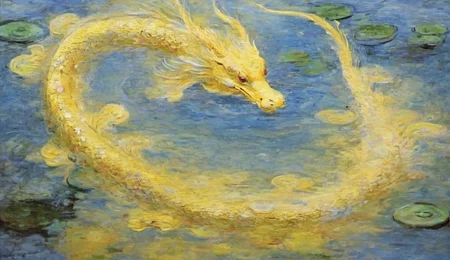 impressionism  of (Koi fish surrounding a dragon with ( friendly expression:1.2)), full body, open mouth,  (flying over the urban landscape:1.2),  (solo:1.1),
splashing water droplets,
 (Oriental flat decor style:1.2),  oil painting, colorful decorations,
in Summer, 
BREAK, Yellow theam, 
BREAK, Fisheye Lens Effectï¼
<lora:dragon-000006:0.7>,<lora:Impressionism-000008:0.5>