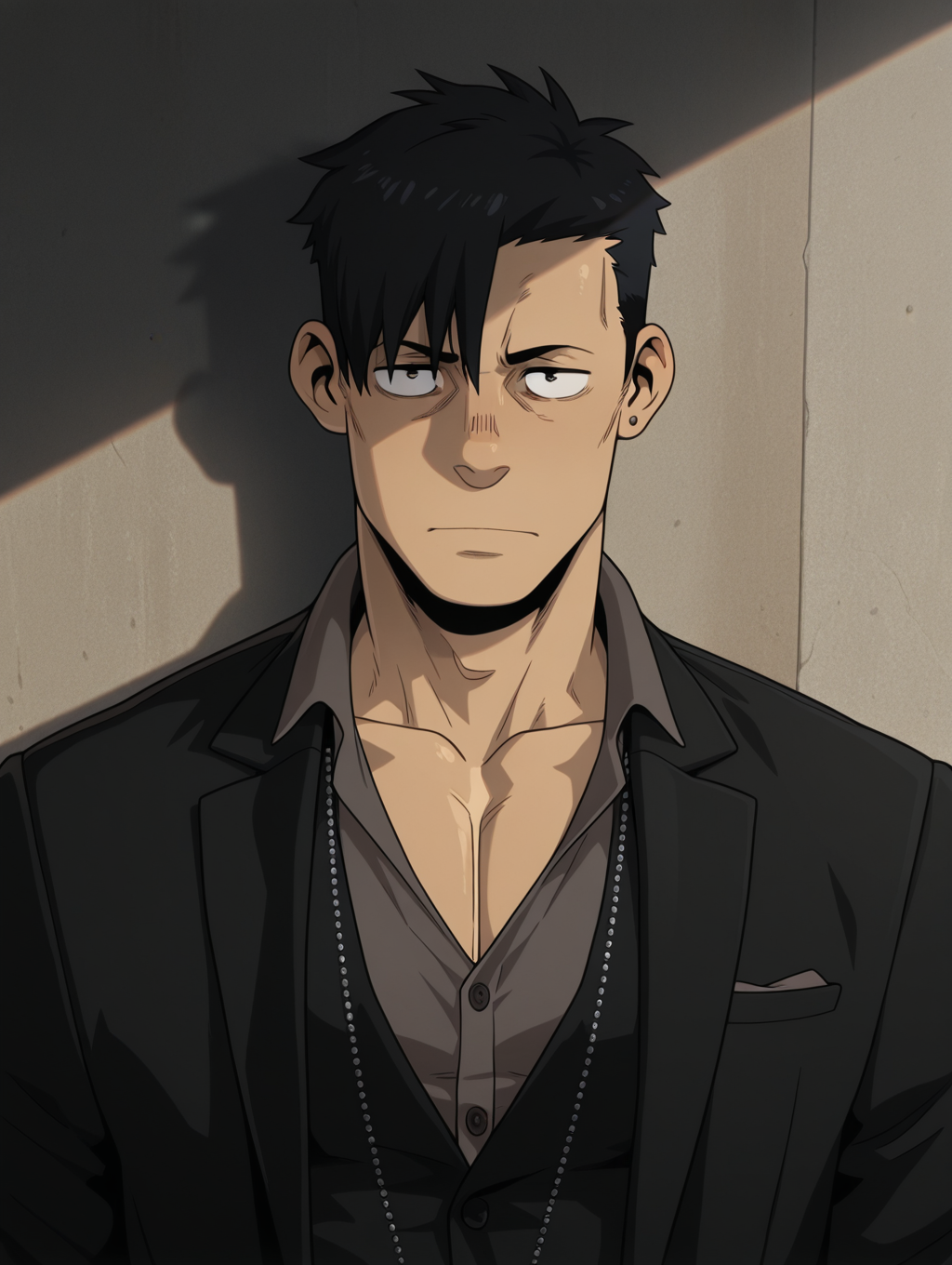 masterpiece, best quality, amazing quality, Nicolas Brown, jewelry, collarbone, male focus, formal, look at viewer, suit, black hair, solo.bara, male focus, 1 boy