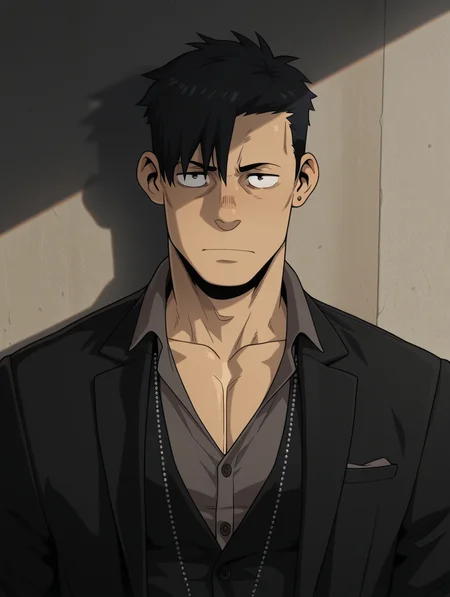 masterpiece, best quality, amazing quality, Nicolas Brown, jewelry, collarbone, male focus, formal, look at viewer, suit, black hair, solo.bara, male focus, 1 boy