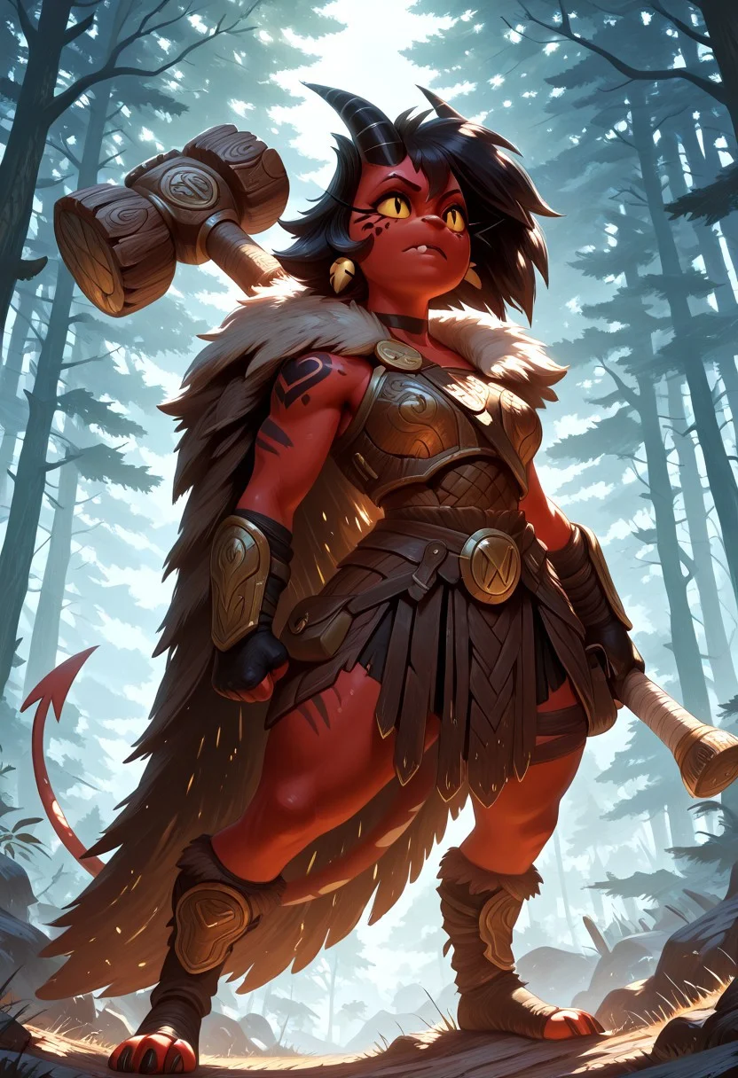 (((Barbarian, good alignment, highlvl))), shortstack, millie \(helluva boss\), millie, black hair, short hair, red skin, yellow sclera, slit pupils, horn, demon tail, good barbarian, female, millie, high level, protector of the innocent, nature’s wrath, reinforced hide armor with golden accents, fur-lined shoulder cape, tribal tattoos glowing faintly with druidic magic, leather skirt with protective runes, determined eyes, braided hair with feathers and beads, war paint in white and blue, animal tooth earrings, natural claw marks on armor, enchanted greathammer carved from sacred wood and stone, totem of protection around neck, satchel of herbs and healing salves, standing guard with hammer planted in the ground, protective stance, eyes scanning for danger, forest glade or mountain pass, sunlight piercing through clouds, animals watching from the trees, noble, fierce, guardian of balance and life, dramatic lighting, masterpiece, best quality, high quality, newest, highres, 8K, HDR, absurdres, realistic, fantasy, G0thicL1nes, full body