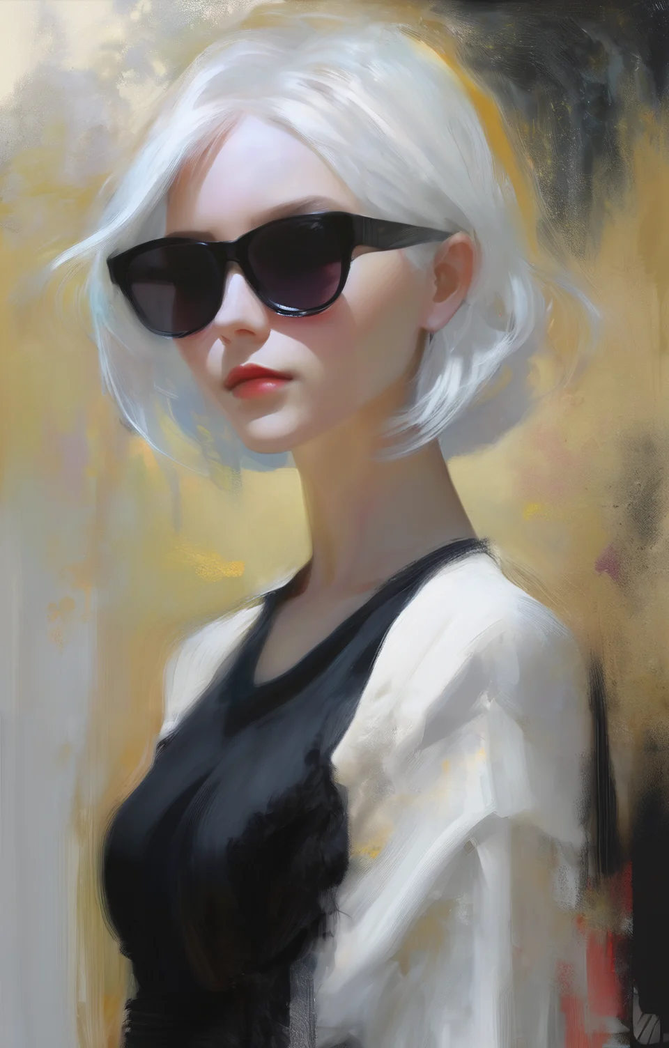(Style by NTY:1.4), a woman, black shirt, white hair, intricate, dark, <lora:OilPaint:0.7>