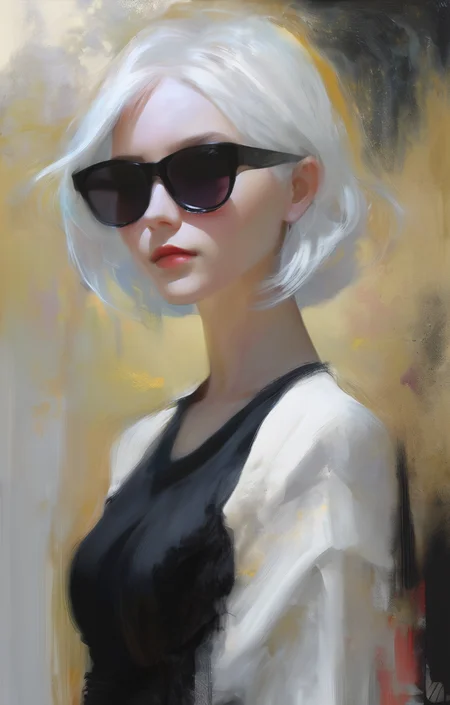 (Style by NTY:1.4), a woman, black shirt, white hair, intricate, dark, <lora:OilPaint:0.7>