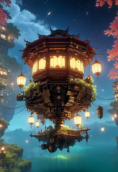 WLOP art style, Ghibli style, outdoors, The island floating in the air, robot metal mechanical machinery, Turn mechanical gears, human, bulding night, , (low light), top-down view, firefly -ar 9:16, high saturation, high contract
