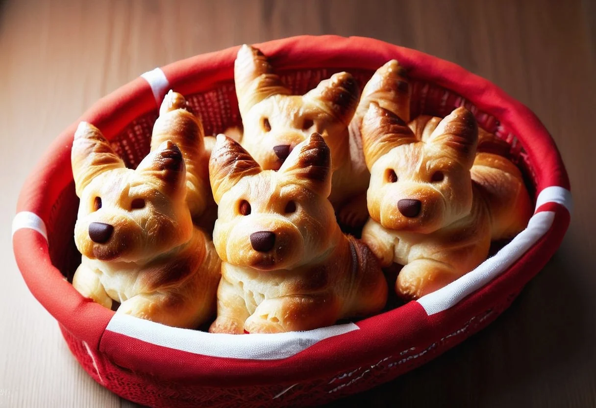 4 loaves of croissants in the shape of corgi, in a red and white basket
