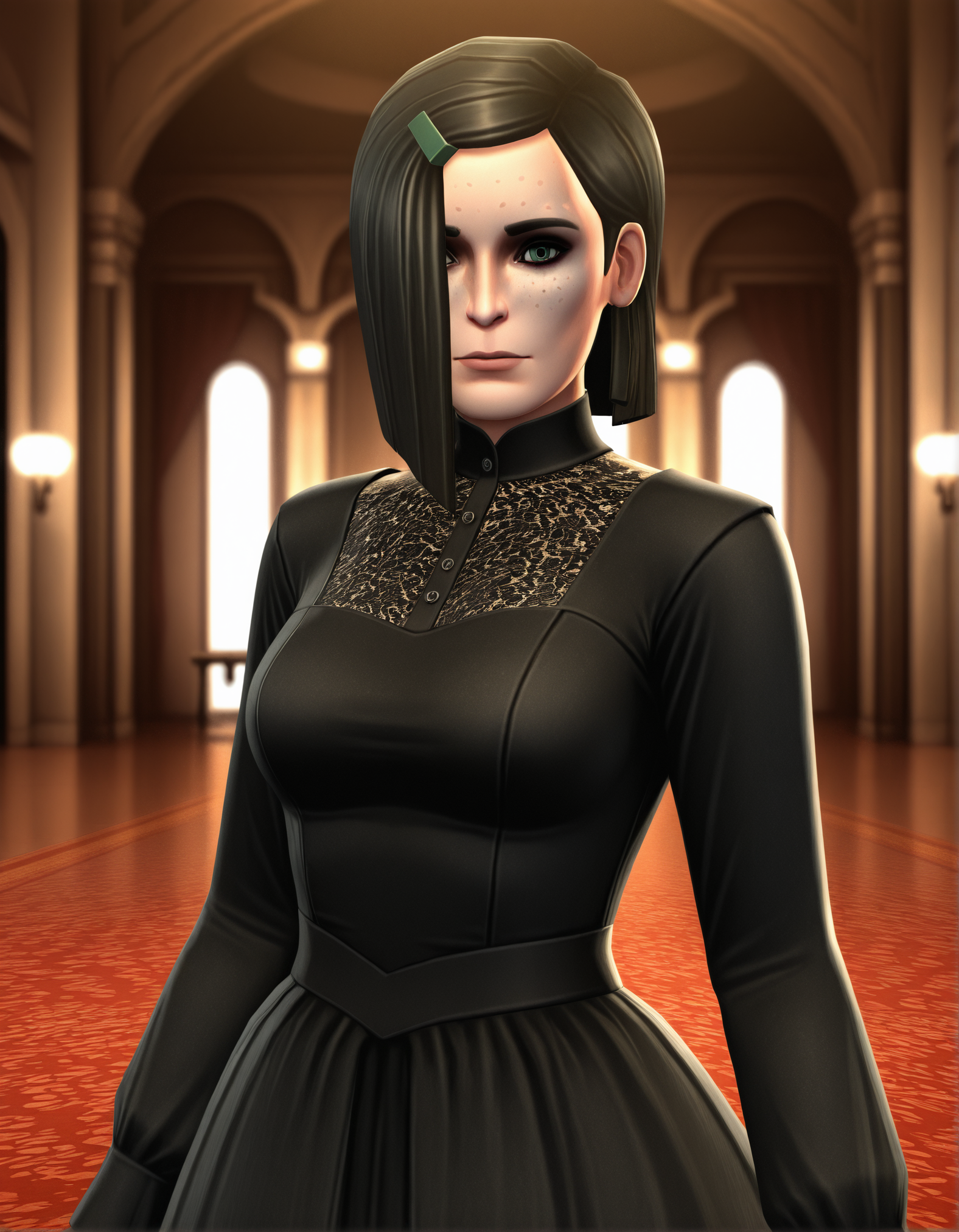 1girl, ismelda, realistic, (3d:0.1), black hair, hair over one eye, green eyes, freckles, hairclip, black dress, standing, looking at viewer, ballroom, blurry background, official art, absurdres