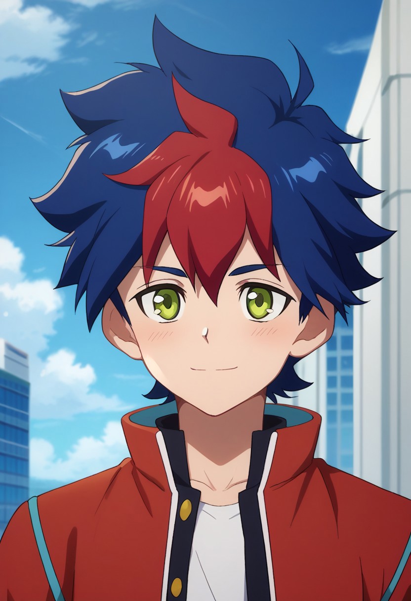 score_9, score_8_up, score_7_up, source_anime, highly detailed, 
Tenryu, 1boy, male focus, green eyes, blue hair, solo, multicolored hair, smile, shy, red hair, jacket,
two-tone hair, upper body,
outdoor, sky, building, day, clouds,