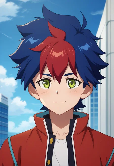 score_9, score_8_up, score_7_up, source_anime, highly detailed,
Tenryu, 1boy, male focus, green eyes, blue hair, solo, multicolored hair, smile, shy, red hair, jacket,
two-tone hair, upper body,
outdoor, sky, building, day, clouds,