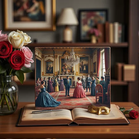 Miniature diorama of a masquerade ball next to a bouquet of roses, detailed digital illustration of a masquerade ball held in a palace, 19th century, colorful dresses, masks, well-dressed women, glamorous, lascivious and somewhat decadent atmosphere, <lora:Flux.1_Turbo_Detailer:0.7>, <lora:Diorama_Flux:0.8>