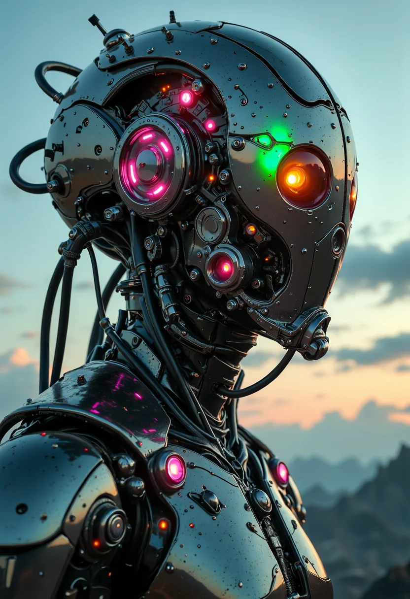 yfg-sm0rg Head Closeup, dark-mood-mod, a photorealistic image, depicting a sleek armored mech-knight with exposed wires and intricate technical parts. A Future soldier in dynamic Pose. The scene is set at dusk, with the sky transitioning from a soft, pale blue to a deeper, cooler hue, and the horizon lined with wispy, scattered clouds. The dominant feature in the image is His mechanical mechanical edgy shoulder armor, jagged and broken resembling a translucent sss Planet, oversized and intricate, its translucent bleaked neon pink and Green surface and luminous translucent Material stark against the sky. dressed in a Armor with a long, flowing white robe that appears to be made of a dark, coarse translucent material, blending into the dark tones of the landscape. (raytracing:1.3), (ambient occlusion), (cinematic lighting:1.3), (chromatic aberration), (4K image quality:1.3), (sharp detail:1.3), (highly realistic:1.3), (dim warm cinematic lighting:1.3)