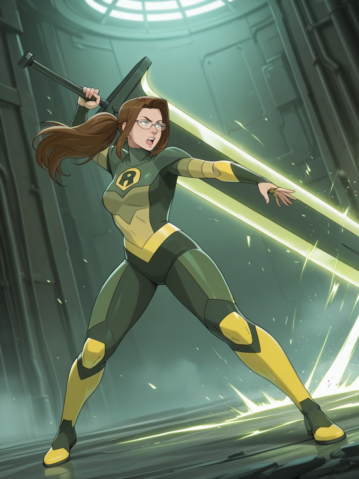 <lora:Shrinking_RaeIL:0.8> s_r, 1girl, brown hair, ponytail hair, green eyes, glasses,
gigantic sword, steel armor,glowing liens, action, full body, glowing backgroun