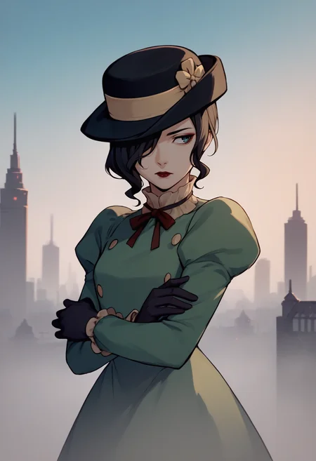 score_9, score_8_up, score_7_up, source_anime, 1girl, cowboy shot, expressionless, looking away, arm hug, <lora:zs_MayoneXL:1> mayonesh, hat, black hair, medium hair, hair over one eye, makeup, lipstick, green dress, puffy sleeves, black gloves, outdoors, city, gloomy, sky, fog