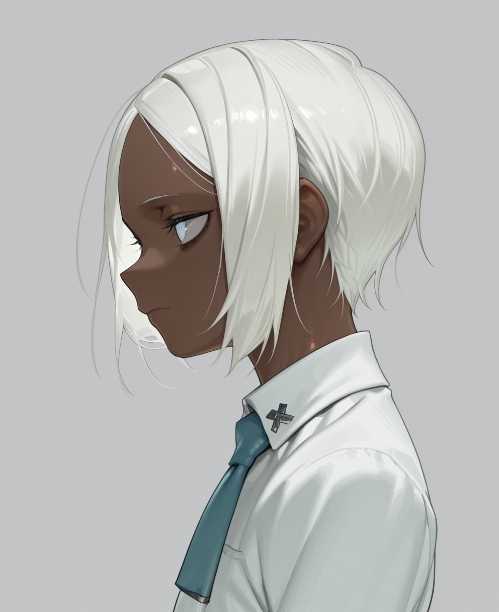 <lora:amrkdrw:1> amrkdrw,
(masterpiece), (best quality), (ultra-detailed), amazing quality, very aesthetic, illustration, perfect composition, intricate details, absurdres, incredibly absurdres, shiny skin, realistic,
 amrkdrw, solo, white background, dark skin, simple background, white hair, shirt, white shirt, collared shirt, closed mouth, short hair, portrait, from side, skinned female, 1girl, profile, blue eyes, white eyes, male focus, 1boy, general