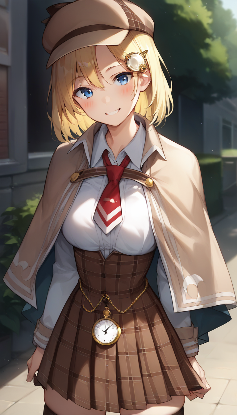 score_9,score_8_up,score_7_up,score_6_up BREAK official art,solo,outdoors,upper body,(portrait:1.5),looking at viewer,facing viewer,smile,blush,Watson Amelia,detective,brown headwear,blonde hair,medium hair,bob cut,monocle hair ornament,hair between eyes,parted bangs,blue eyes,collarbone,brown capelet,red necktie,short necktie,white shirt,collared shirt,medium breasts,skindentation,long sleeves,pocket watch,high-waist skirt,brown skirt,pleated skirt,plaid skirt,zettai ryouiki,thighs,black thighhighs,loafers,<lora:Watson Amelia(vtb)-Pony:1.4>,