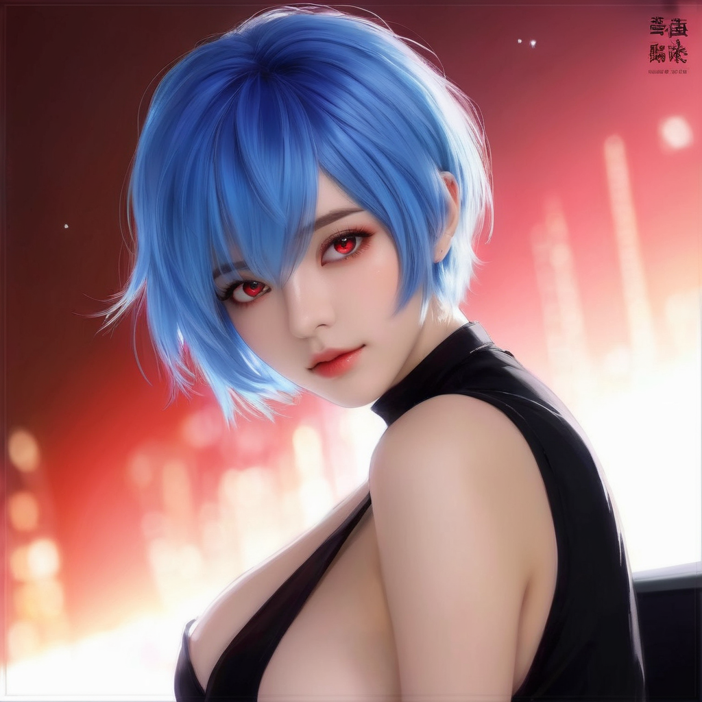 <lora:SlimesShiaV1.1-000001:1>,  blue hair, short hair, white highlights, (red eyes:1.2), symbol-shaped pupils, large breasts, night hotel background, masterpiece