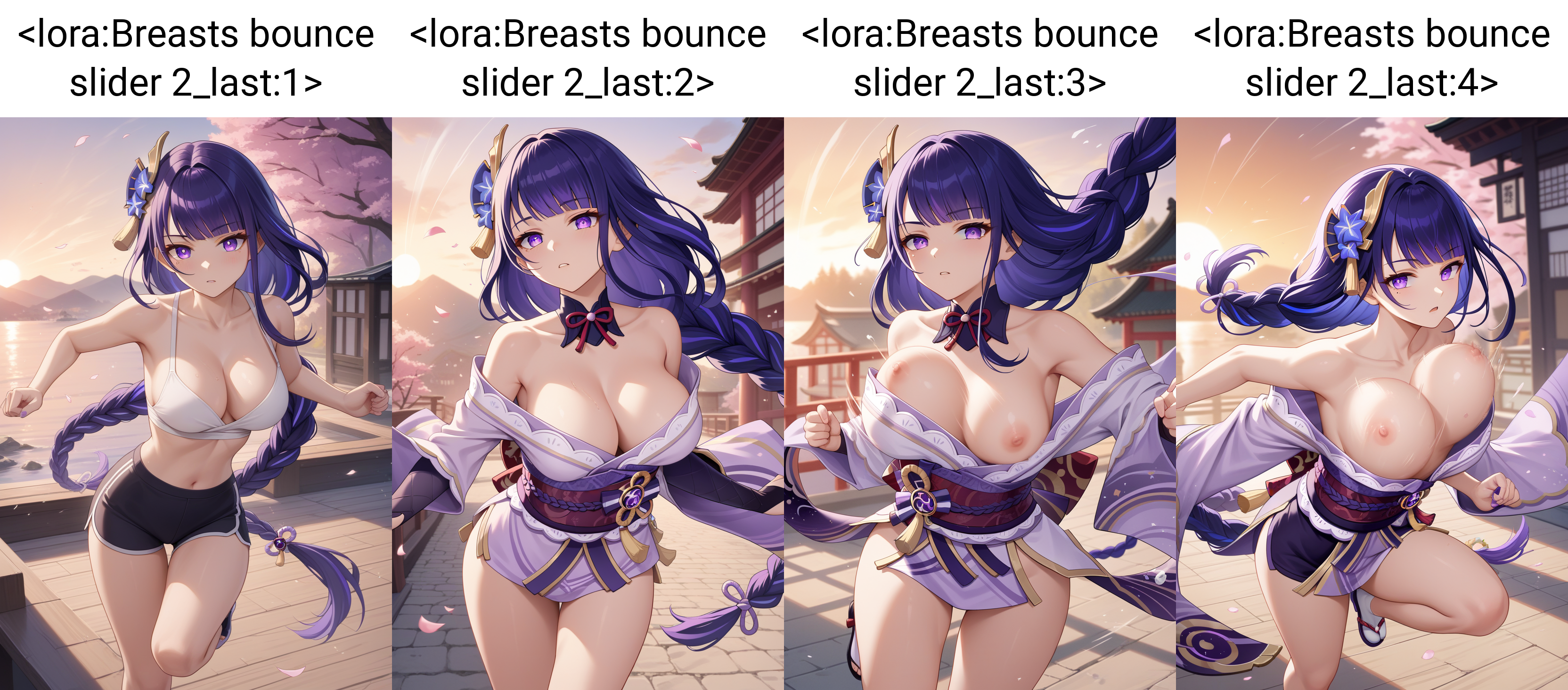 score_9, score_7_up, 1girl,  breasts, running, solo, looking at viewer, raiden shogun,      <lora:Breasts bounce slider 2_last:1>