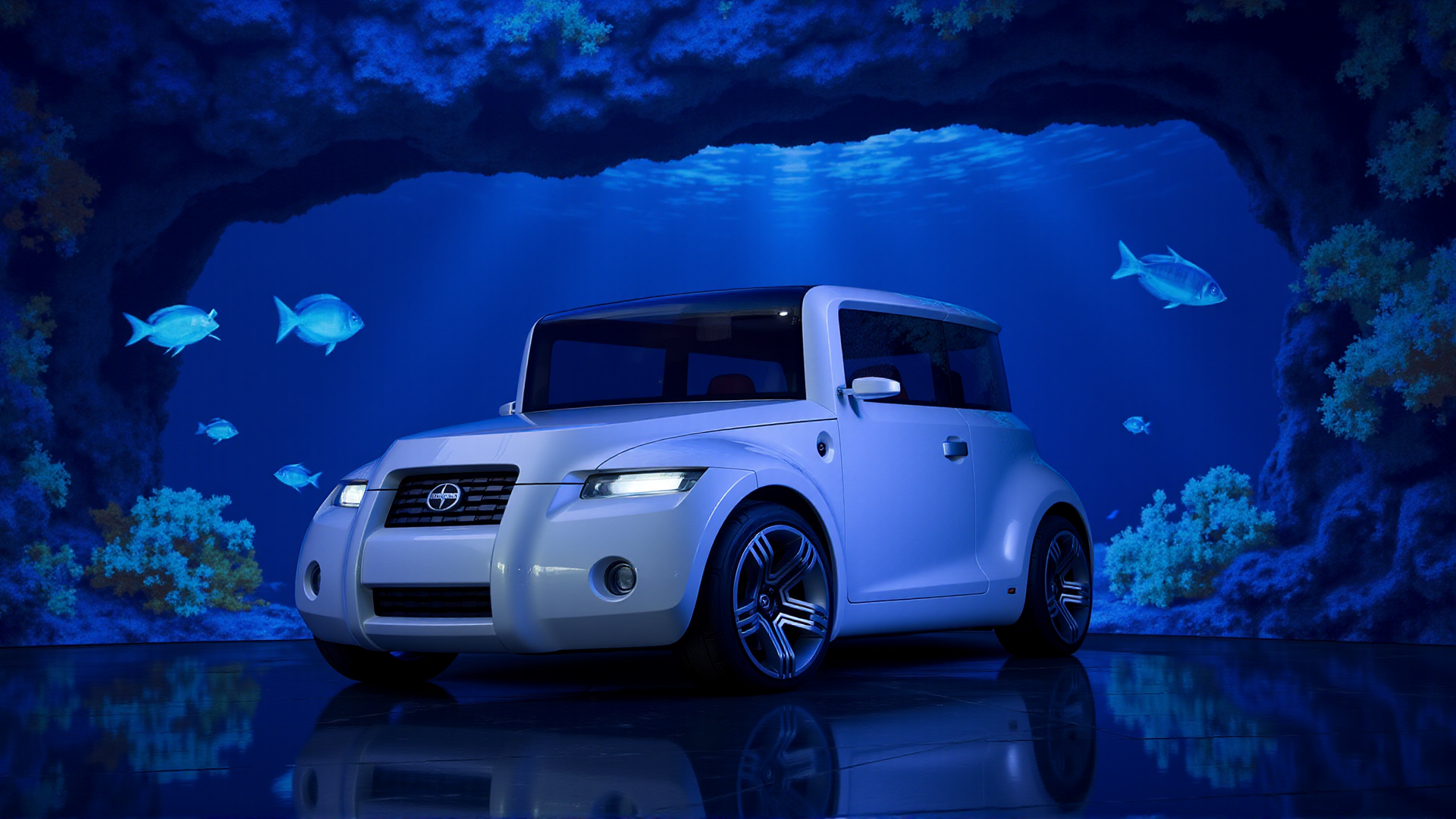 The Scion Hako Coupe Concept parked inside a massive underwater cavern lit by glowing coral and bioluminescent plants. The carâs livery is a pearl white with faint blue accents that pulse like ocean waves. The shot zooms in on the wraparound panoramic glass, which reflects the eerie blue light from the cavern. Schools of glowing fish swim around the polished alloy wheels, creating a dreamlike aquatic setting
 <lora:ral-hkcpcncpt_000004000:1>