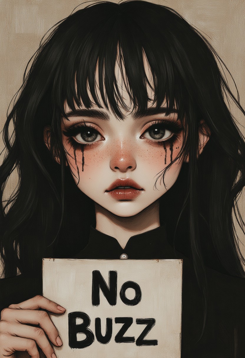 MoodyGirls, goth girl with heavy black eye makeup, running mascara, crying, pale skin, wearing a collar, holding up a sign that says "No Buzz"