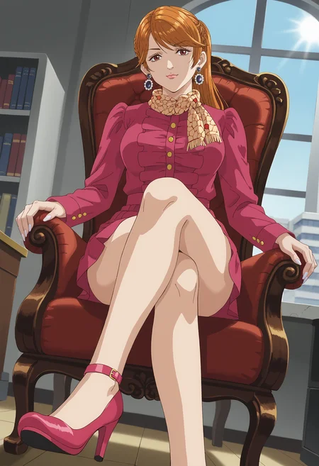 <lora:PonyScores7:1> anime coloring, source_anime, rating_safe, uncensored BREAK
masterpiece, best quality, very aesthetic, absurdres, anime screencap BREAK
<lora:Trillion_Game_-_Kirika_Kokuryuu:1> trillionkirihime, long hair, orange hair, swept bangs, braid, ponytail, red eyes, lipstick, nail polish BREAK
red dress, scarf, earrings, high heels BREAK
(office, dappled sunlight,:1.2) window, throne BREAK
1girl, sitting, on chair, naughty face, crossed legs, (presenting foot:1.2), dutch angle, low angle shot, pov, looking at viewer