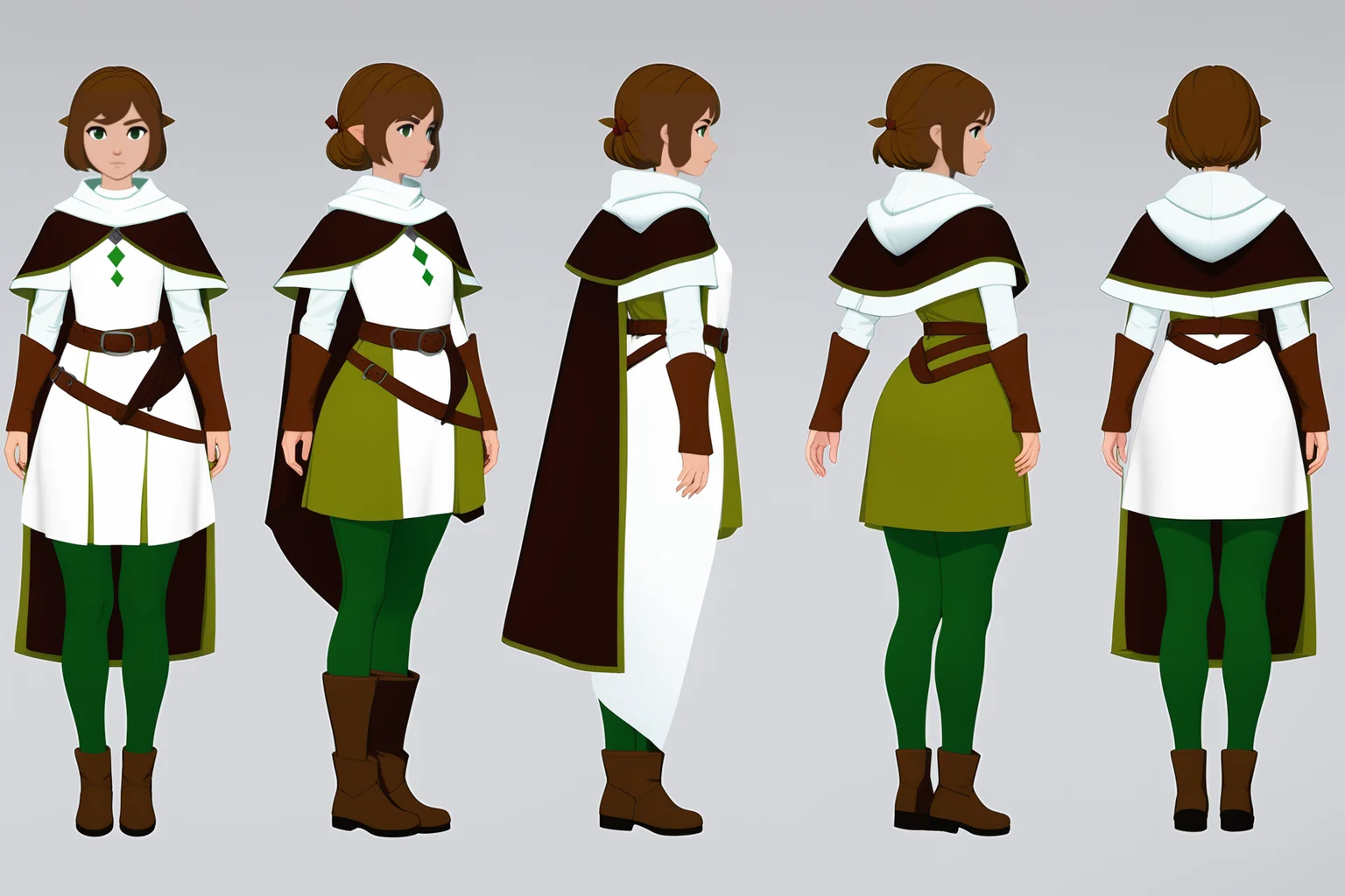 (VIEWS:0), full body character turnaround of 1girl, Multiple views of the same character in the same outfit, simple background, white background,
(theme:0), medieval, fantasy, Dungeon And Dragon,
female character, white and green outfit, brown belt, black leggings, brown boots, cape, fantasy attire,
<lora:bg3TurnXL_v1_pony:0.1>
<lora:Witcher3turn_v1_Pony:0.1>
<lora:medieval2turn_v1_Pony:0.1>
<lora:CharTurnXL_v4_Pony:0.1>
<lora:bg3TurnXL_v1:0.1>
<lora:Witcher3TurnXL_v1:0.1>
<lora:Medieval2TurnXL_v1:0.6>
<lora:CharTurnXLRetag_v4:0.1>
