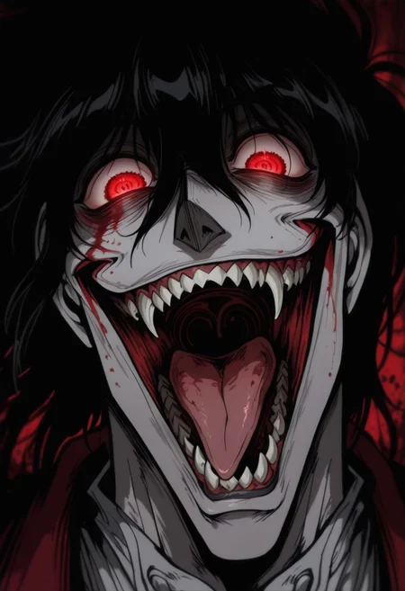 masterpiece, best quality, amazing quality, intricate detail, highly detailed, absurdres, mythp0rt,
(@_@), (demonic smile with teeth), glowing eyes, red eyes, (complete psycho), (obsessive look, insane, head tilt, going mentally insane, expressive, expressive background),
BREAK
Normalucard, solo, 1boy, male focus, black hair, red eyes,
BREAK
horror, solo, blood, tongue, teeth, open mouth, long hair, blood on face, close-up