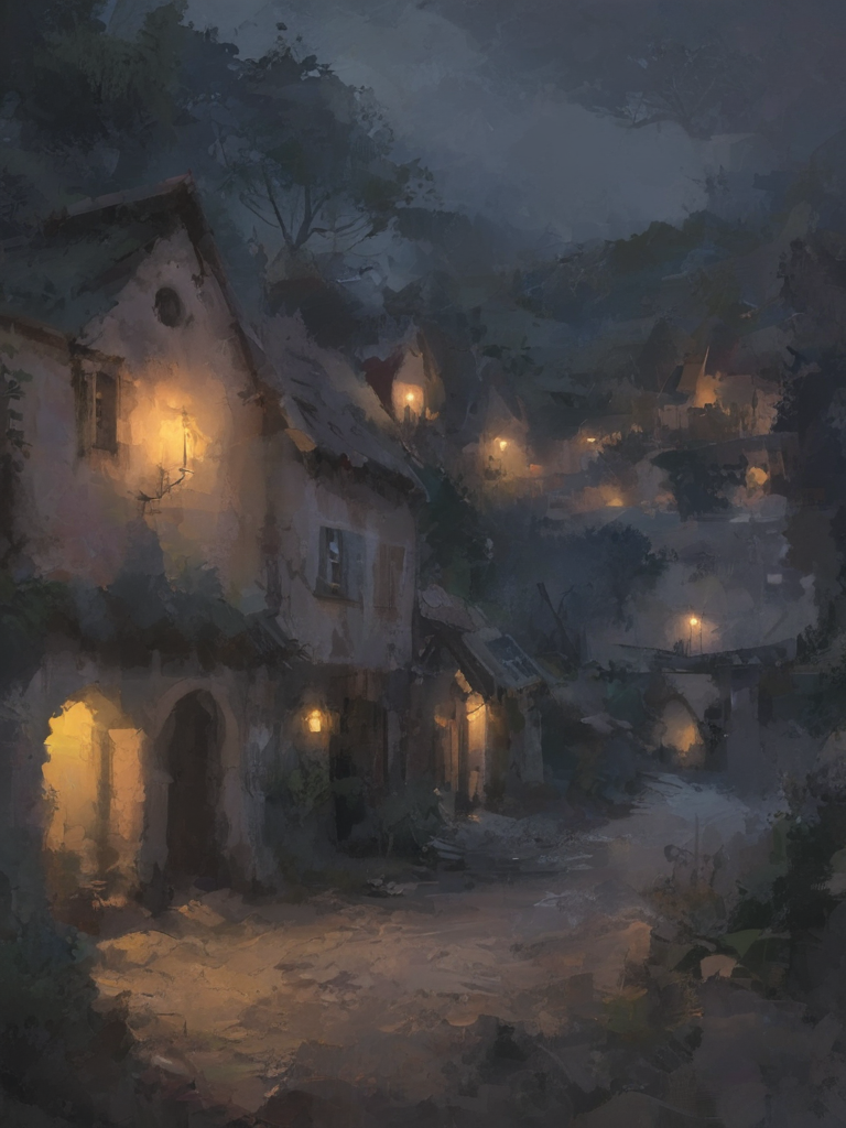 ptrn-no1 a beautiful serene old village at nighttime, detailed, colorful, lighting composition,  <lora:- SDXL - ptrn-no1_style_V1.0:1>
