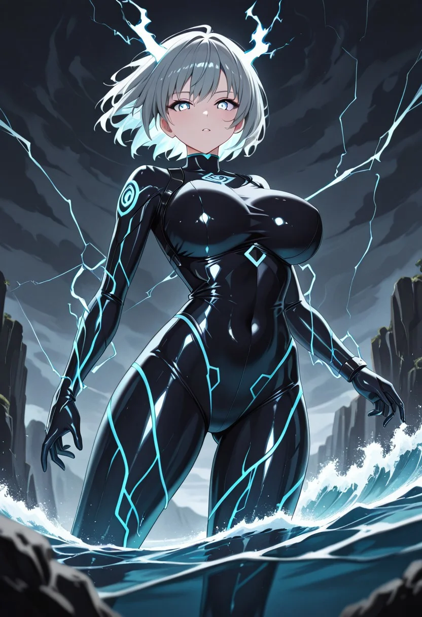 masterpiece, best quality, good quality, very aesthetic, absurdres, newest, 8K, depth of field, in the style of cknc, artist:moriimee, in the style of cksc,
1girl, long grey hair, wild, stormy eyes, large breasts, round, thunderbolt crown, glossy skin, summoning lightning, looking at viewer, from below
BREAK
stormy cliff, dark clouds, waves crashing
BREAK
dynamic light, blue tones, high contrast, electric glow, rich details, dramatic atmosphere