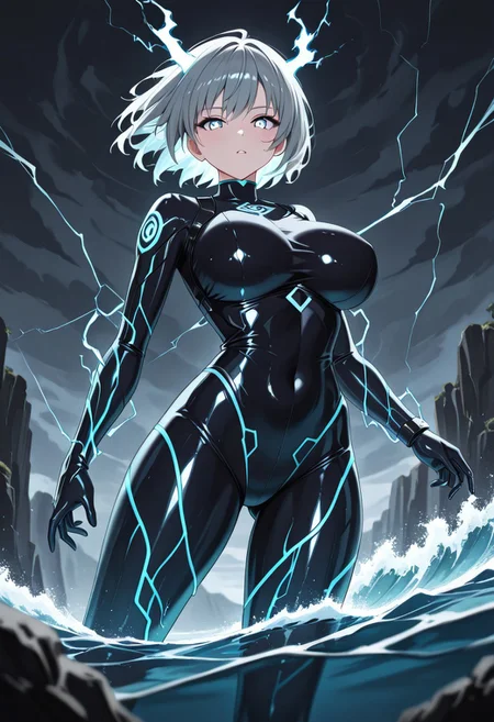 masterpiece, best quality, good quality, very aesthetic, absurdres, newest, 8K, depth of field, in the style of cknc, artist:moriimee, in the style of cksc,
1girl, long grey hair, wild, stormy eyes, large breasts, round, thunderbolt crown, glossy skin, summoning lightning, looking at viewer, from below
BREAK
stormy cliff, dark clouds, waves crashing
BREAK
dynamic light, blue tones, high contrast, electric glow, rich details, dramatic atmosphere