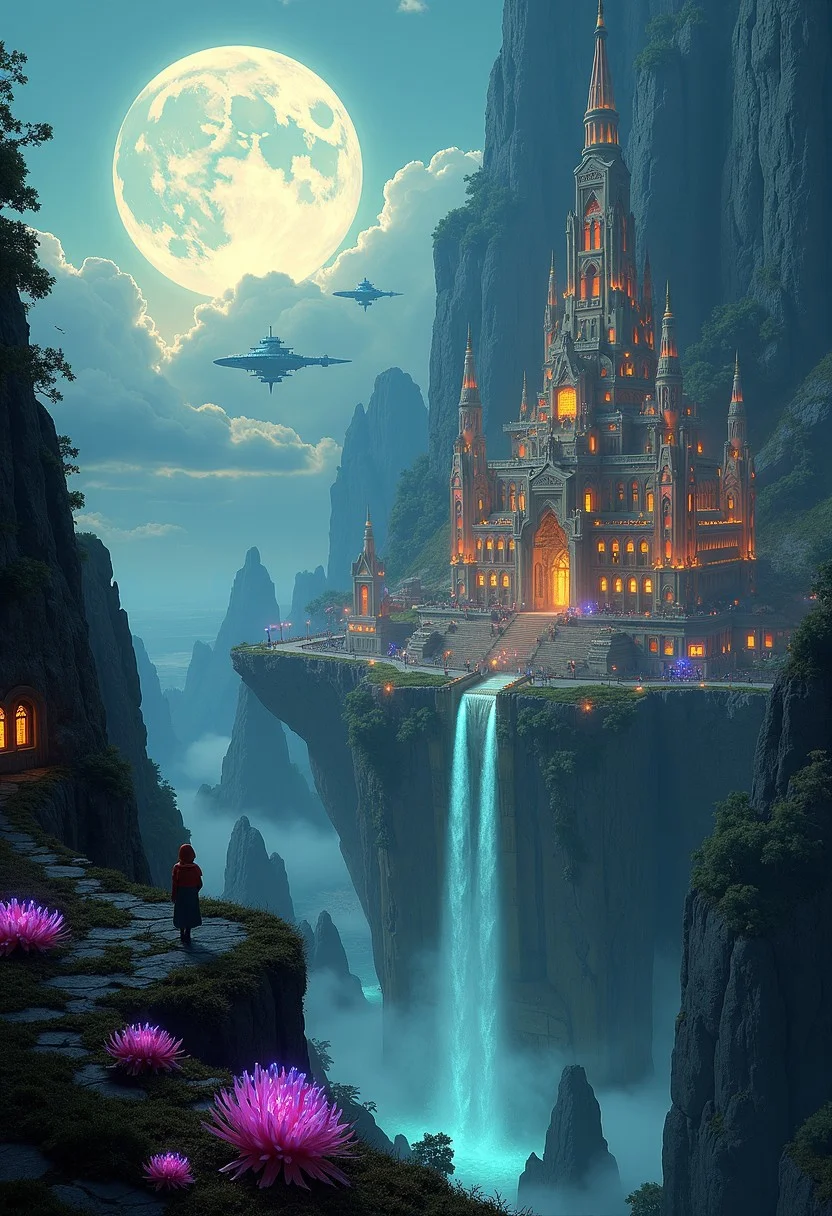 A majestic ancient city built into the side of a towering mountain, glowing softly under the light of a massive full moon. The city is a mix of futuristic technology and ancient architecture, with towering spires, intricate carvings, and glowing energy fields. Waterfalls cascade down the cliffs, creating mist around the city, while vibrant bioluminescent plants line the pathways. In the sky, strange flying ships hover near the city, their lights illuminating the clouds. The atmosphere is mystical and otherworldly, with a sense of both history and advanced civilization,in the style of Jed-clrfl
