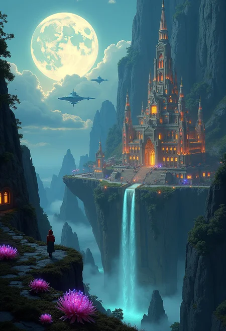 A majestic ancient city built into the side of a towering mountain, glowing softly under the light of a massive full moon. The city is a mix of futuristic technology and ancient architecture, with towering spires, intricate carvings, and glowing energy fields. Waterfalls cascade down the cliffs, creating mist around the city, while vibrant bioluminescent plants line the pathways. In the sky, strange flying ships hover near the city, their lights illuminating the clouds. The atmosphere is mystical and otherworldly, with a sense of both history and advanced civilization,in the style of Jed-clrfl
