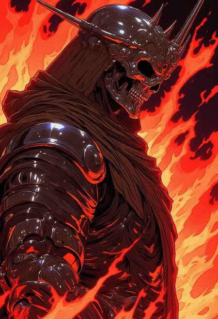 A hyper-detailed, side-profile anime illustration in 90s retro style, featuring the "Skull Knight" in shiny, dark chrome armor and a dramatic brown robe that drapes around his shoulders. His surreal, spiky crown stretches upward as flames rage around him, thick and deep red, casting vivid reflections on his polished armor. The hollow eyes in his skull face are fixed forward with an unwavering, ghostly determination. The glow of the fire creates an intense, vivid contrast against the cold, metallic surfaces of his armor, lending the image a fierce, otherworldly quality.