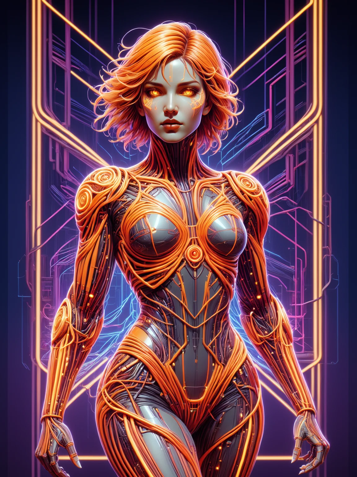 female cyborg made of mad-cable, in the style of alphonse mucha, geometric pattern in the background, neon_orange lightning, neon_yellow lightning, neon_red lightning, cables, wires, synthwave, vaporwave, retro futurism, Walking pose <lora:Cables_SDXL:0.8> <lora:Neon_Cyberpunk_SDXL_Cyberspace:0.5> mad-cyberspace, cyberpunk, scifi, 1980s, retro <lora:aesthetic:1> aesthetic <lora:sd_xl_dpo_lora_v1:1>, (masterpiece:1.2), best quality, (hyperdetailed, highest detailed:1.2), high resolution textures