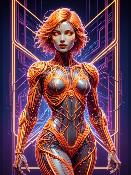 female cyborg made of mad-cable,  in the style of alphonse mucha, geometric pattern in the background, neon_orange lightning, neon_yellow lightning, neon_red lightning, cables, wires, synthwave, vaporwave, retro futurism, Walking pose   <lora:Cables_SDXL:0.8>  <lora:Neon_Cyberpunk_SDXL_Cyberspace:0.5> mad-cyberspace, cyberpunk, scifi, 1980s, retro <lora:aesthetic:1> aesthetic <lora:sd_xl_dpo_lora_v1:1>, (masterpiece:1.2), best quality, (hyperdetailed, highest detailed:1.2), high resolution textures